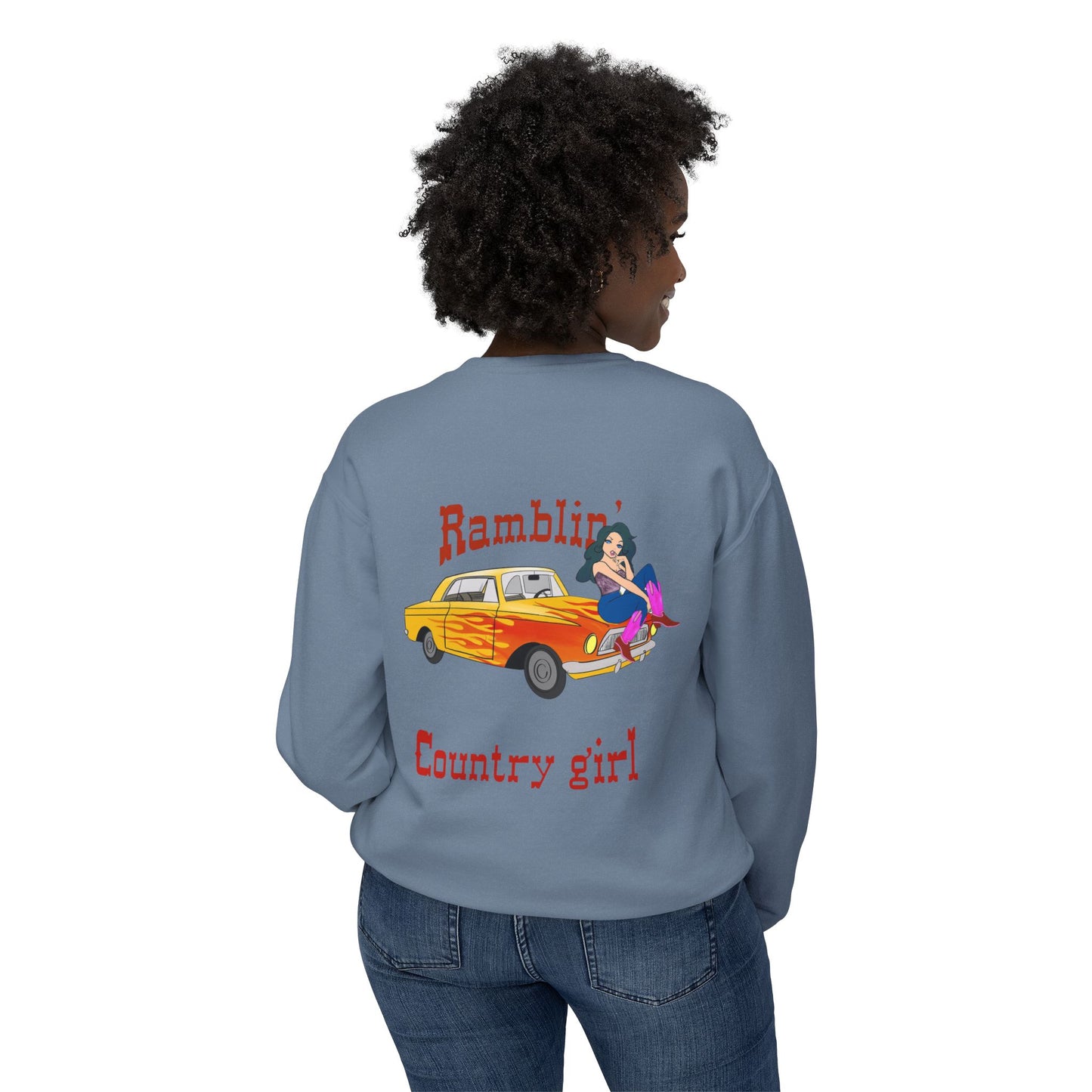 Ramblin' Country Girl Crewneck Sweatshirt – Retro Pinup Car Graphic