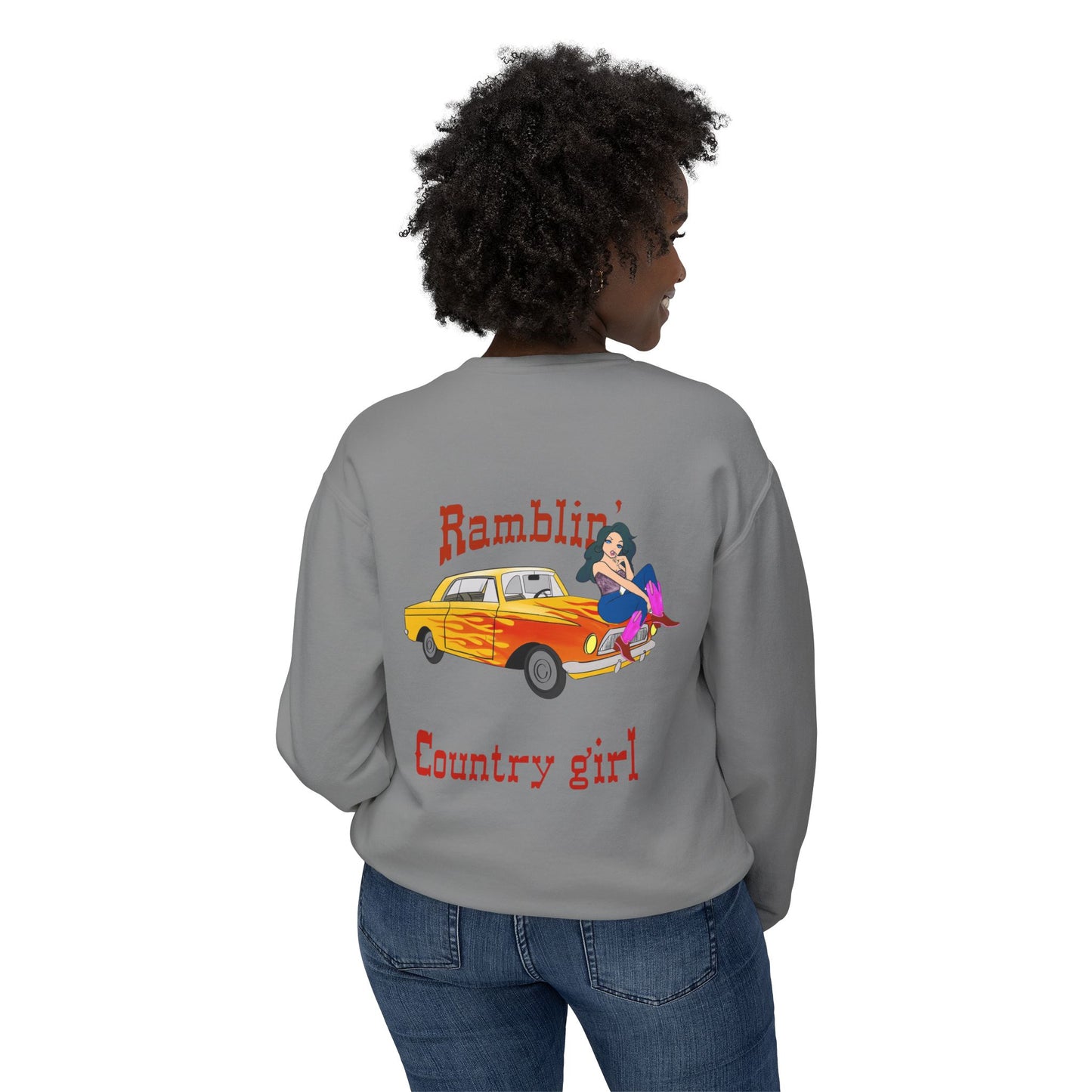Ramblin' Country Girl Crewneck Sweatshirt – Retro Pinup Car Graphic