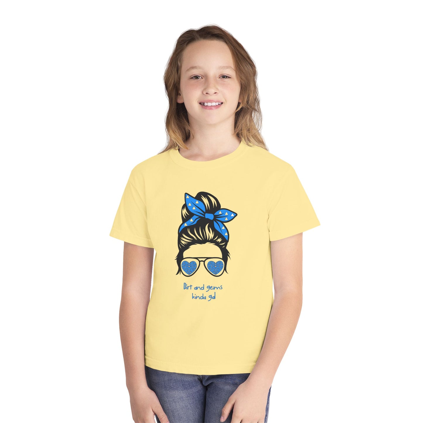 Youth Tee — "Art and Gems Kinda Girl" Messy Bun Sunglasses Graphic