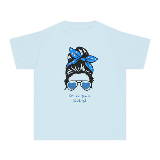 Youth Tee — "Art and Gems Kinda Girl" Messy Bun Sunglasses Graphic
