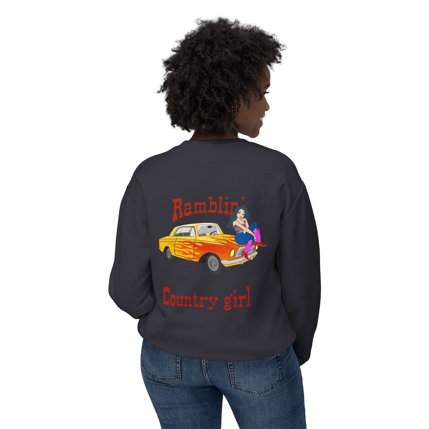 Ramblin' Country Girl Crewneck Sweatshirt – Retro Pinup Car Graphic