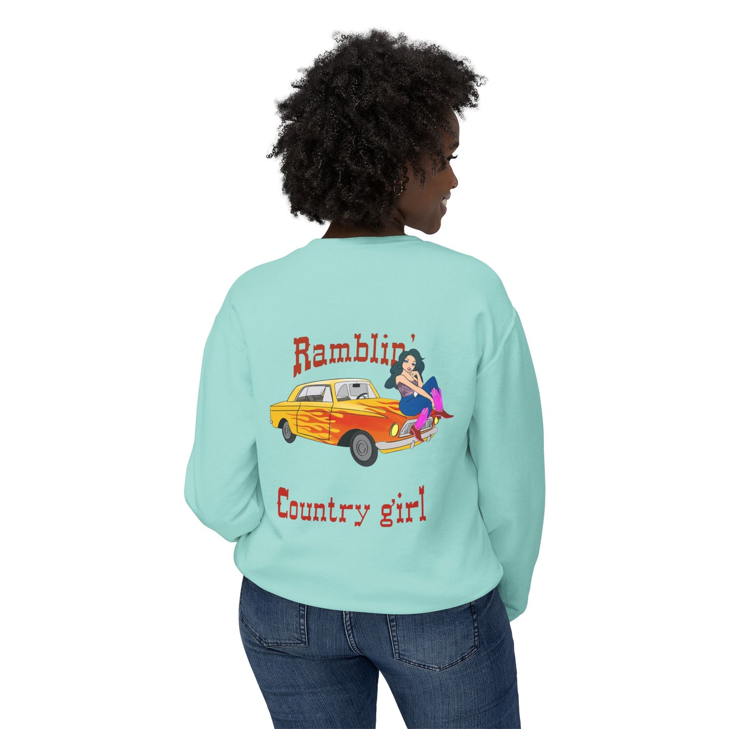 Ramblin' Country Girl Crewneck Sweatshirt – Retro Pinup Car Graphic