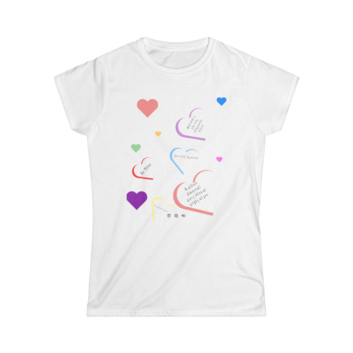 Women's Heart Doodles Tee — Colorful Hearts & Love Script Graphic Shirt