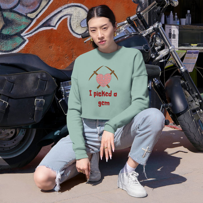 Cropped Sweatshirt — "I Picked a Gem" Heart & Pickaxes Valentine's Crop Top