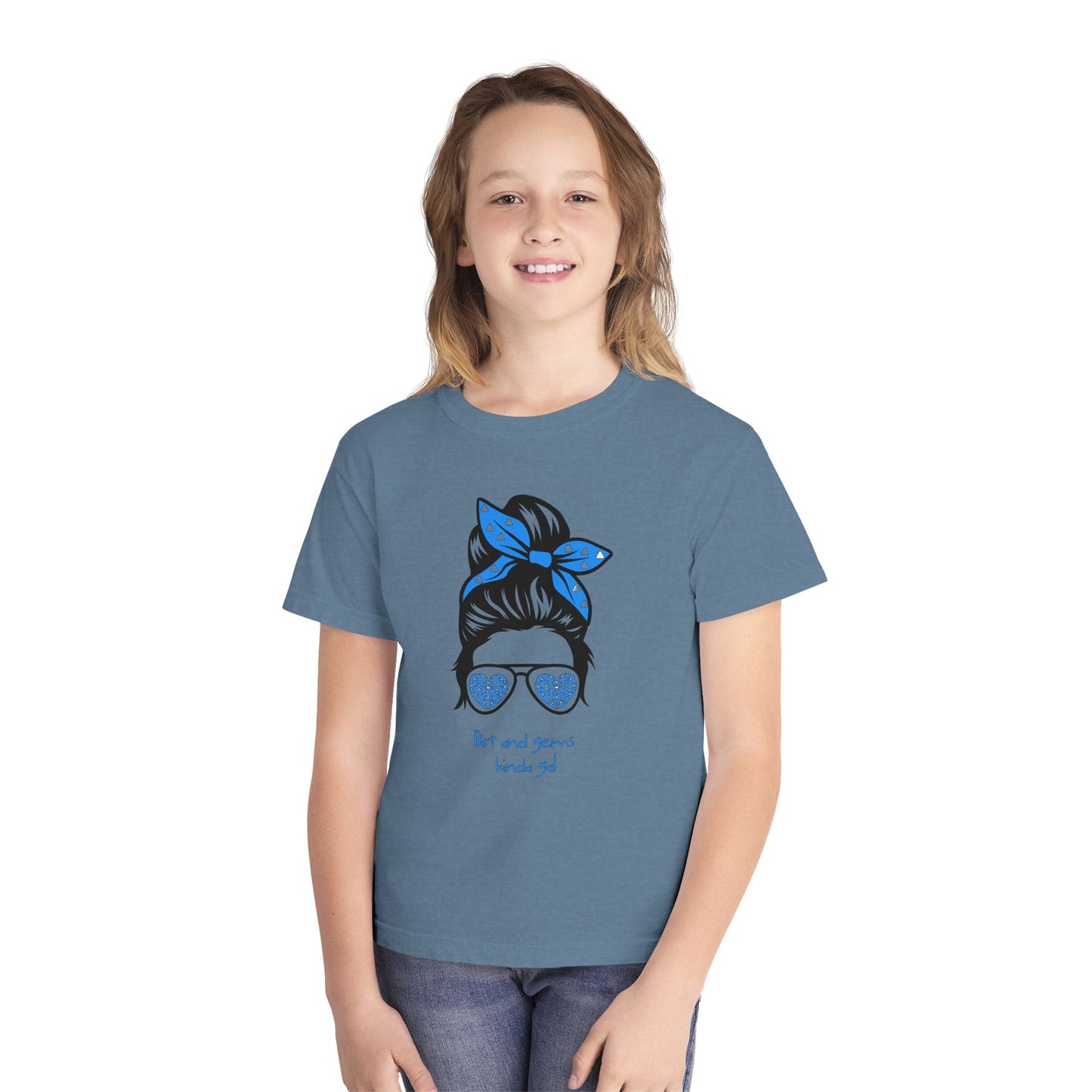 Youth Tee — "Art and Gems Kinda Girl" Messy Bun Sunglasses Graphic