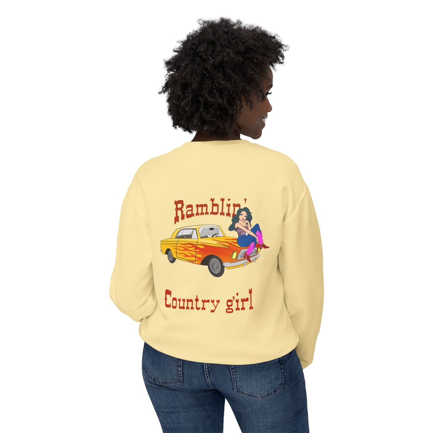 Ramblin' Country Girl Crewneck Sweatshirt – Retro Pinup Car Graphic