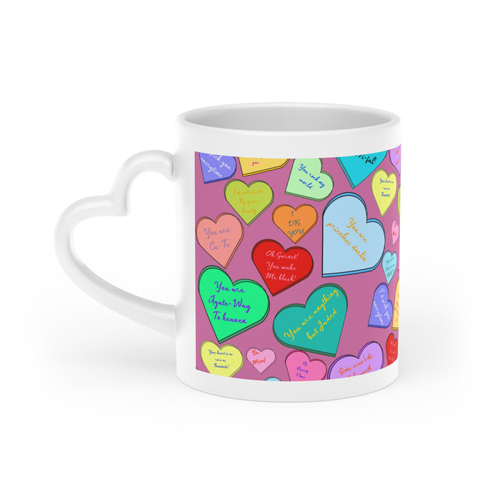 Conversation Heart Coffee Mug — Colorful Heart Pattern Valentine’s Day Gift