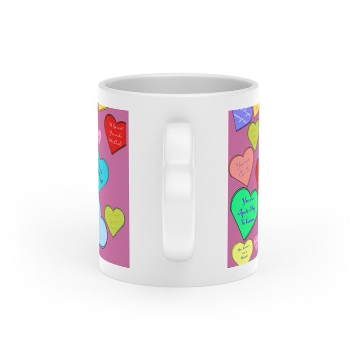 Conversation Heart Coffee Mug — Colorful Heart Pattern Valentine’s Day Gift