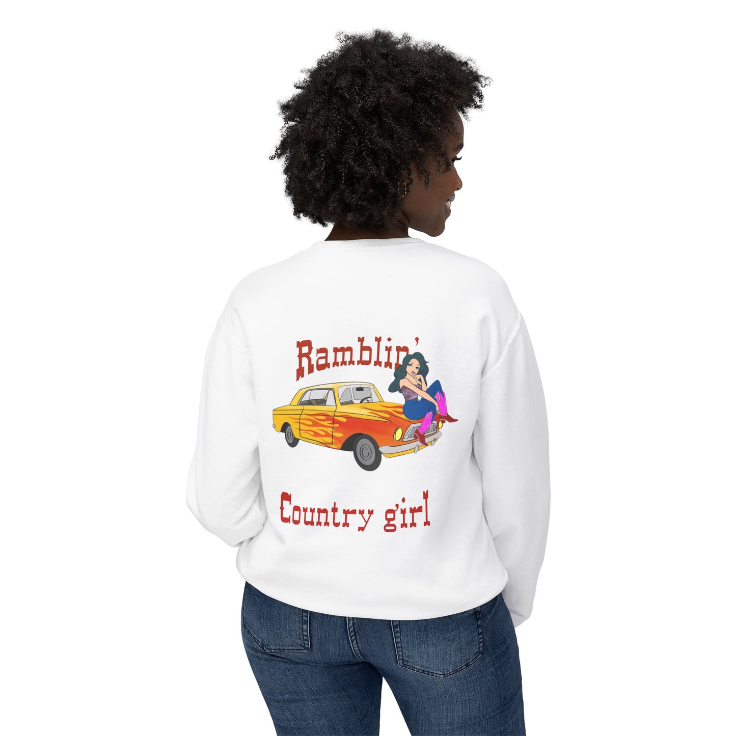 Ramblin' Country Girl Crewneck Sweatshirt – Retro Pinup Car Graphic