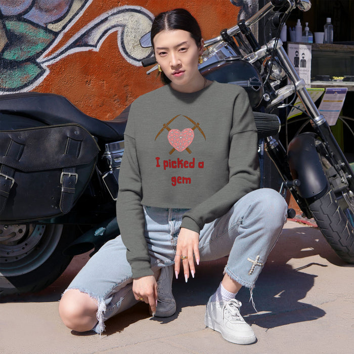 Cropped Sweatshirt — "I Picked a Gem" Heart & Pickaxes Valentine's Crop Top