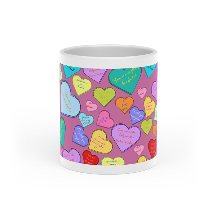 Conversation Heart Coffee Mug — Colorful Heart Pattern Valentine’s Day Gift