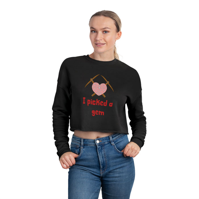 Cropped Sweatshirt — "I Picked a Gem" Heart & Pickaxes Valentine's Crop Top