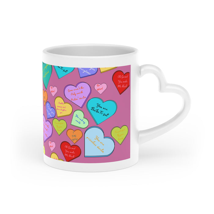 Conversation Heart Coffee Mug — Colorful Heart Pattern Valentine’s Day Gift